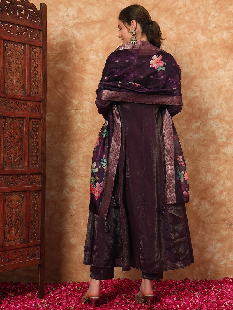 SHOPPING QUEEN Women's Silk Embroidered Kurta, Pyjama & Dupatta Set (A601_Eggplant Wine_L) - Image 2