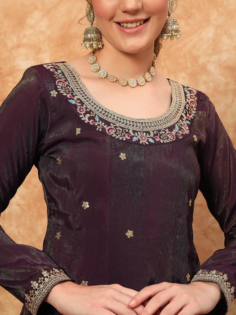 SHOPPING QUEEN Women's Silk Embroidered Kurta, Pyjama & Dupatta Set (A601_Eggplant Wine_L) - Image 4
