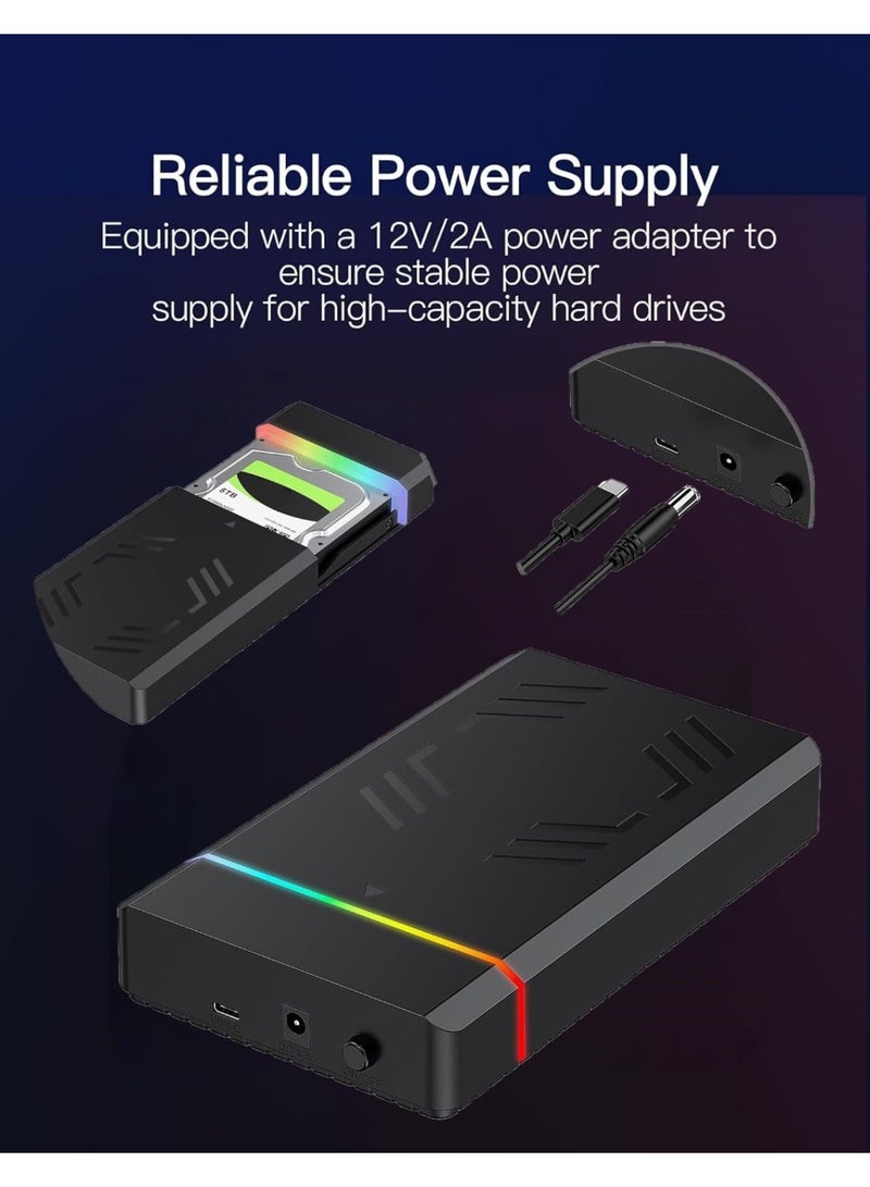 علبة قرص صلب خارجي SATA مقاس 3.5 بوصة بمنفذ USB-C RGB - علبة قرص صلب عالي السرعة بمنفذ USB 3.0/Type-C مع إضاءة RGB، تصميم بدون أدوات، نقل بيانات بسرعة 6 جيجابت في الثانية، حل تخزين مكتبي شامل - Image 2