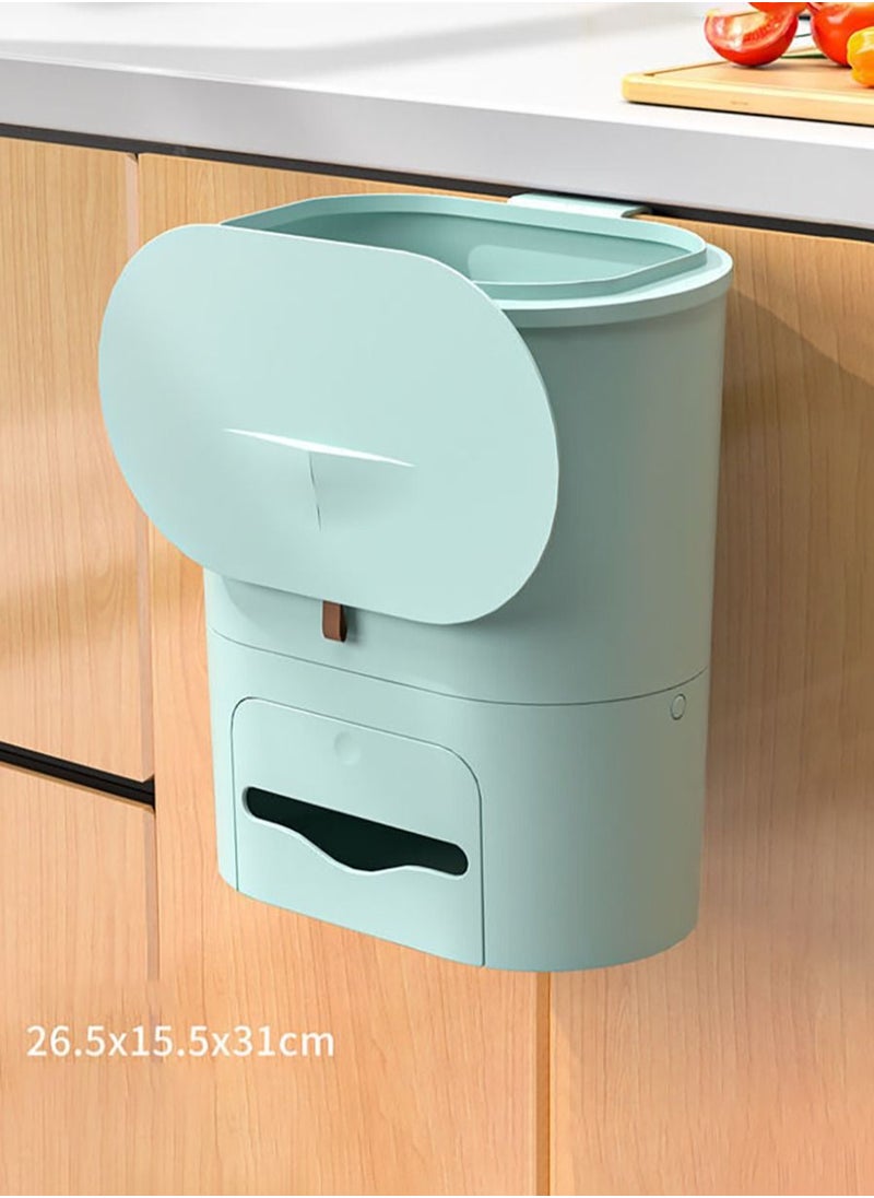 Merry Moments Modern Kitchen Hanging Trash Can with Lid Compost Bin with Inner Bucket for Countertop Under Sink Food Waste Bin Cupboard Bathroom Bedroom Office Camping 10 Litre Light Green 26.5x15.5x31cm  - Image 1