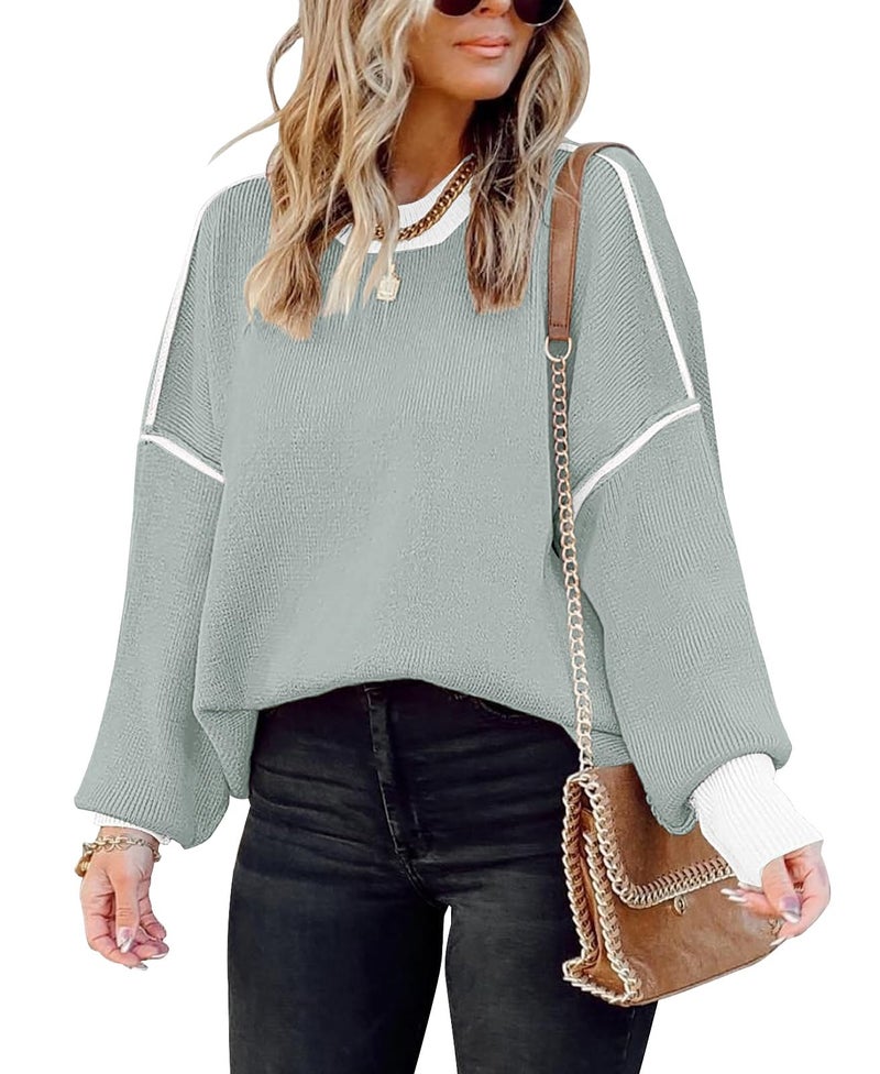 ETCYY Womens Oversized Sweaters Fall 2026 Fashion Clothes Trendy Batwing Sleeve Colorblock Striped Knit Pullover Tops,Pure Gray Green,Small - Image 1