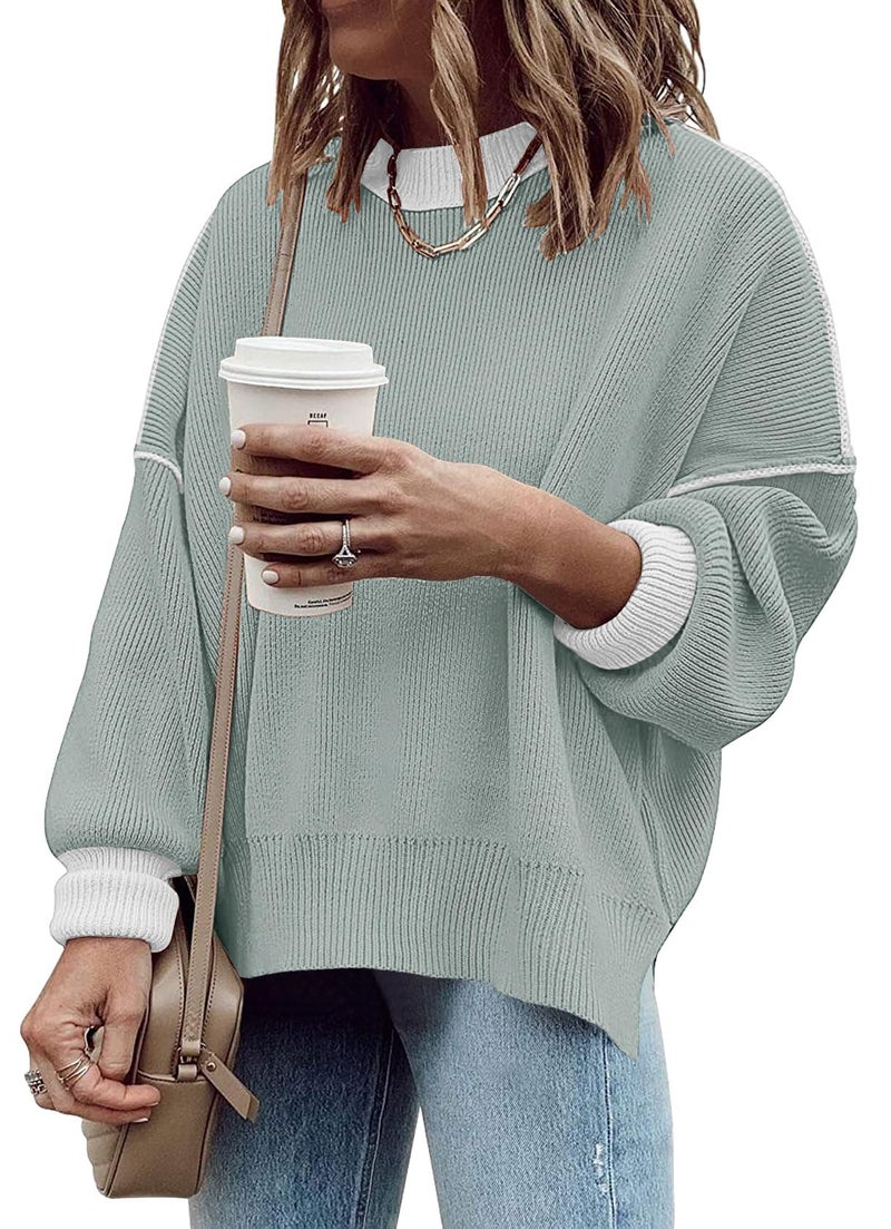 ETCYY Womens Oversized Sweaters Fall 2026 Fashion Clothes Trendy Batwing Sleeve Colorblock Striped Knit Pullover Tops,Pure Gray Green,Small - Image 2