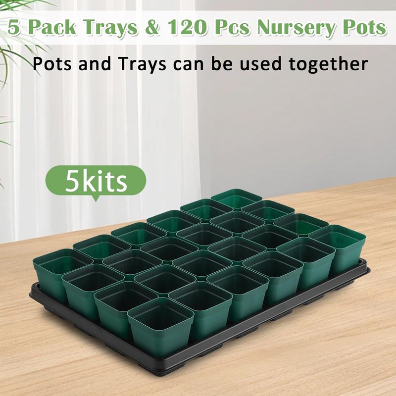 RooTrimmer 2.8 inch (7CM) Square Nursery Pots 120pcs (Green) and 24 Cell Nursery Pots Trays 5 Pack, Plastic Seedling Starter Tray with Drain Holes for Carrying and Holding Plant Pot(17"x11"x1.6") - Image 3