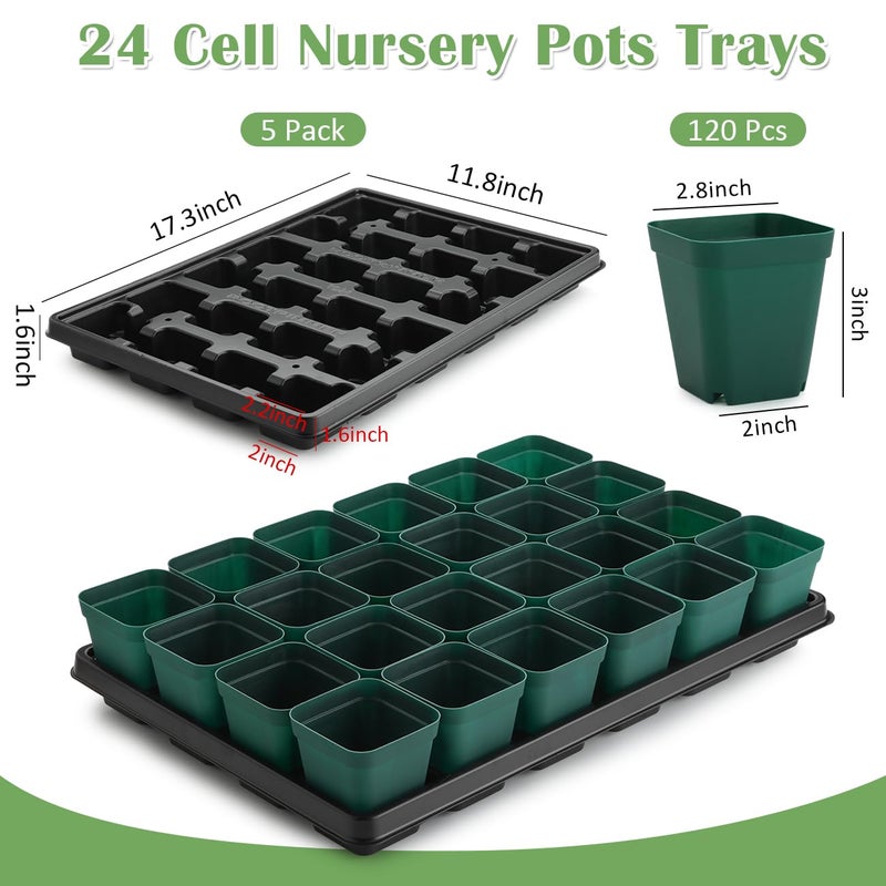 RooTrimmer 2.8 inch (7CM) Square Nursery Pots 120pcs (Green) and 24 Cell Nursery Pots Trays 5 Pack, Plastic Seedling Starter Tray with Drain Holes for Carrying and Holding Plant Pot(17"x11"x1.6") - Image 2