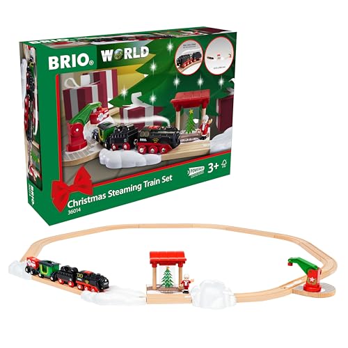 BRIO World Christmas Steaming Train BatteryOperated Train 27Pc Motorized Steam Engine for Wooden Track with Lights and KidFriendly Steam Interactive Play with ForwardReverse for Kids 3 - Image 1