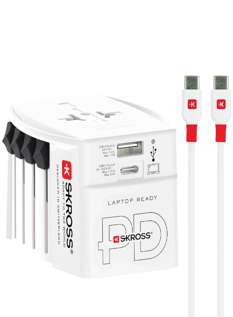 SKROSS Travel adapter with a USB-C charging cable. 65W power adapter features two charging ports (USB-C and USB-A). charger adapter supports Power Delivery (PD) fast charging and is compatible with laptops and other devices that have a USB-C port. travel charger includes advanced protection against overvoltage.universal wall adapter compatible with power outlets in all countries. - Image 1