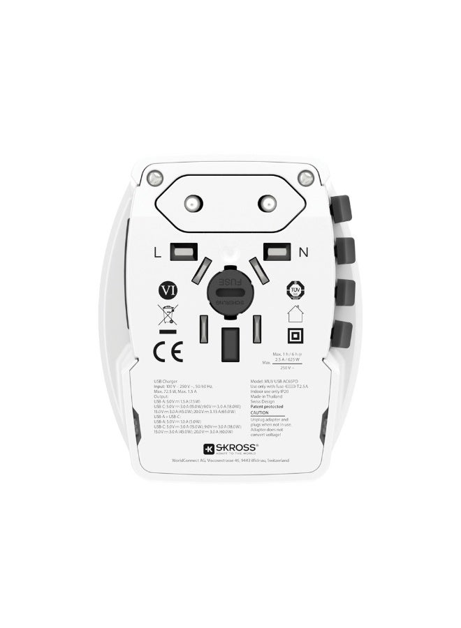 SKROSS Travel adapter with a USB-C charging cable. 65W power adapter features two charging ports (USB-C and USB-A). charger adapter supports Power Delivery (PD) fast charging and is compatible with laptops and other devices that have a USB-C port. travel charger includes advanced protection against overvoltage.universal wall adapter compatible with power outlets in all countries. - Image 2