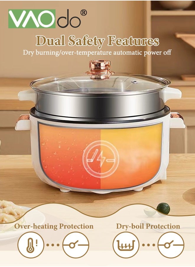 VAOdo Multifunction Electric Cooker Skillet with Lid and Steamer Grill Pot Wok Electric Hot Pot Non-stick ver-Heating and Boil Dry Protection Pan 3 levels for adjustment for Noodles Cook Rice Fried Stew Soup Steamed Fish Boiled Egg Steak  - Image 2