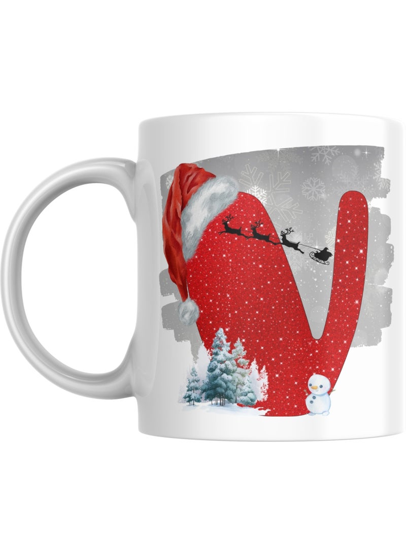 Personalized Winter Holiday Christmas Alphabet Mug With Letter V – Festive Ceramic Coffee Cup Gift