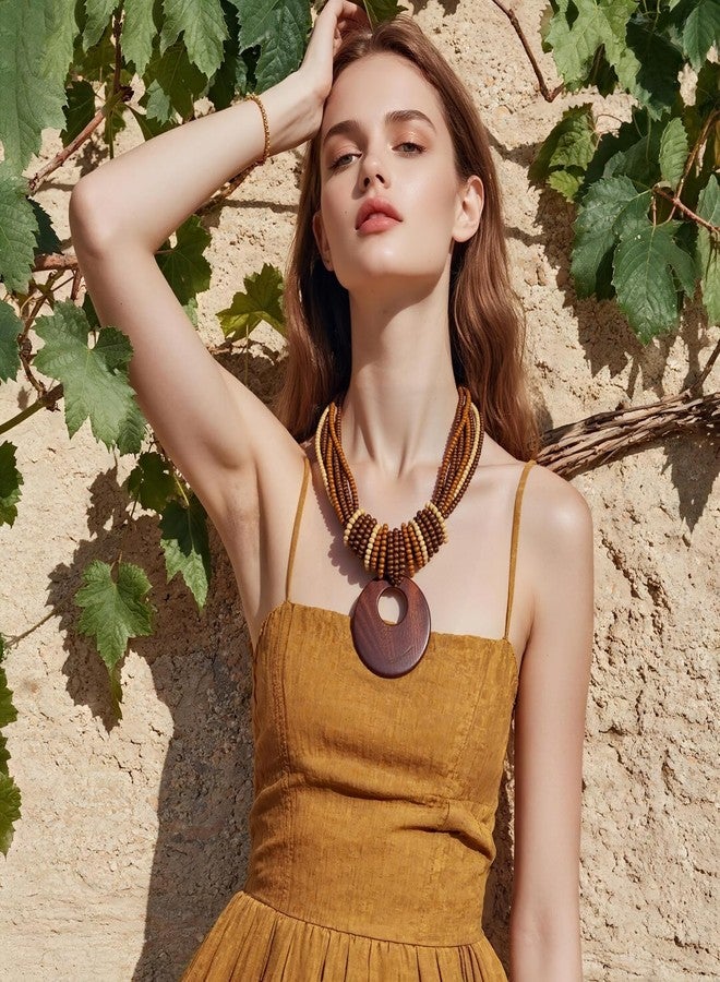Coiris Chunky Necklaces for Women Statement Wooden Beaded Funky Boho Circle Pendant Necklace Jewellery Gift for Women - Image 2