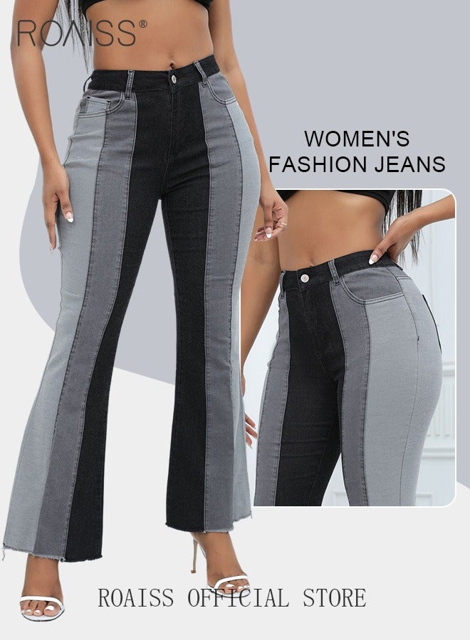 roaiss Plus Size Women Denim Pants Patchwork Fabric Wide Leg Flared Trousers Leg Flattering Design Fashionable and Versatile Suitable for School and Commuting - Image 2