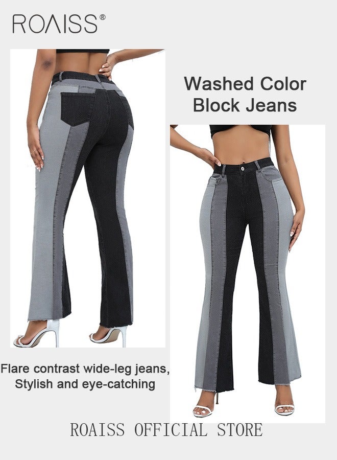 roaiss Plus Size Women Denim Pants Patchwork Fabric Wide Leg Flared Trousers Leg Flattering Design Fashionable and Versatile Suitable for School and Commuting - Image 3