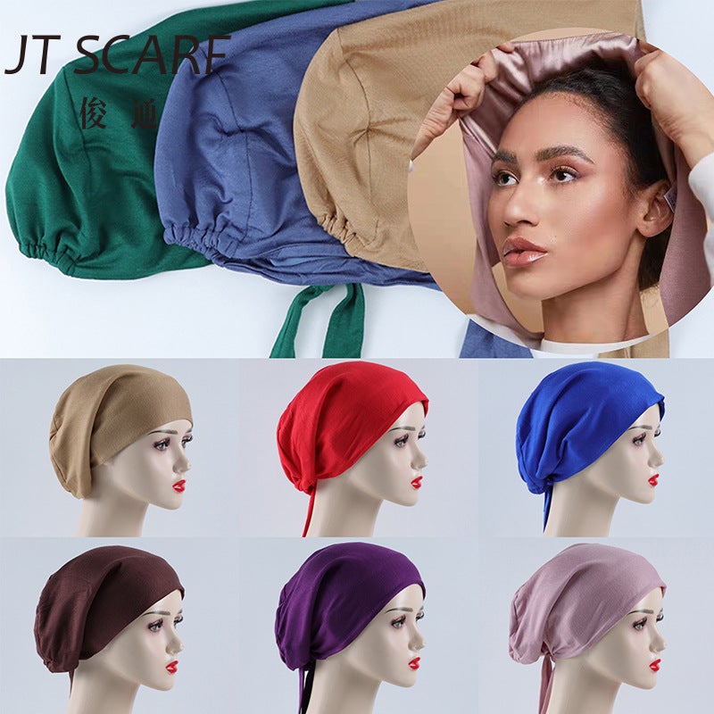Rayon Outer Lined Stretch Satin Chiffon Lined Ethnic Headscarf Base Hat Solid Color Spot Adjustable Ethnic Style - Image 2