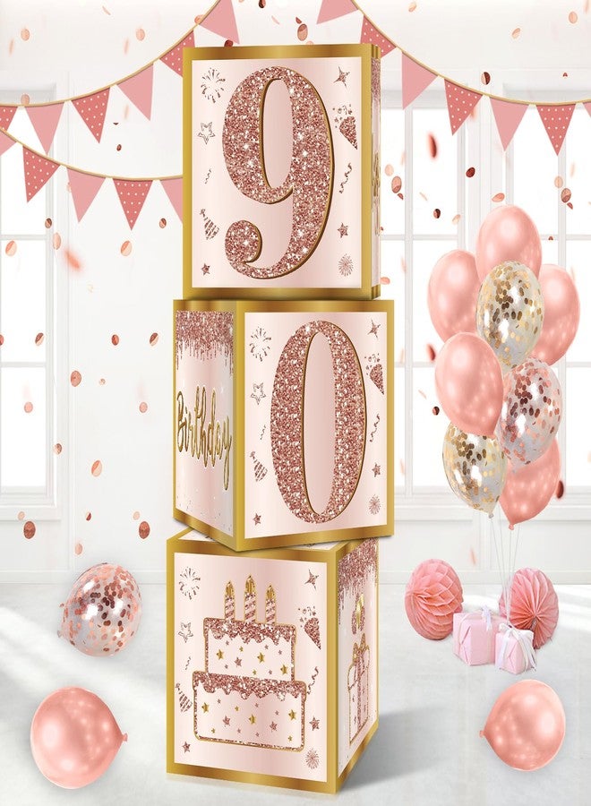 Guiruiy 3Pcs 90th Birthday Decorations Boxes for Women, Pink Rose Gold 90th Birthday Balloons Boxes Party Supplies, Pink Ninety Year Old Bday Theme Cardboard Box Decor - Image 1