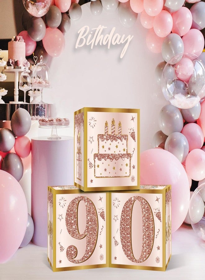 Guiruiy 3Pcs 90th Birthday Decorations Boxes for Women, Pink Rose Gold 90th Birthday Balloons Boxes Party Supplies, Pink Ninety Year Old Bday Theme Cardboard Box Decor - Image 4