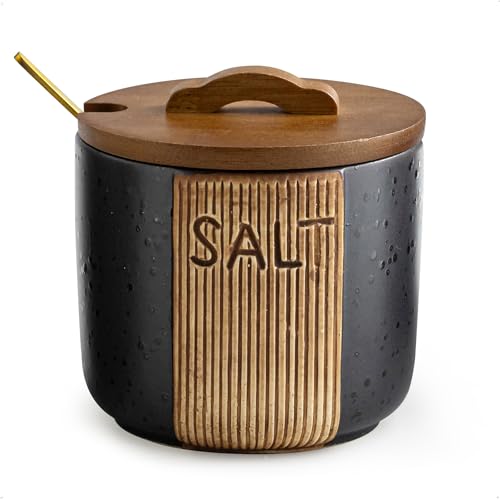 YHOJOY Salt Container for Countertop, Ceramic Salt Cellar with Lid & Spoon, Farmhouse Salt Bowl for Mother's Day, 10 OZ, Black - Image 1