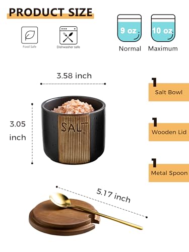 YHOJOY Salt Container for Countertop, Ceramic Salt Cellar with Lid & Spoon, Farmhouse Salt Bowl for Mother's Day, 10 OZ, Black - Image 2