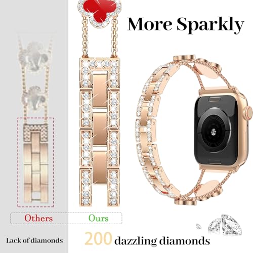 MOINSPIRE Rose Gold Bling Diamond Clover Bands Women Compatible with Apple Watch 42mm(S3/2/1) 44/45/46/49mm Lucky Sparkle Dressy Bracelet Metal Strap for iWatch Series 11/10/9/8/7/6/5/4/SE/Ultra 3/2/1 - Image 3