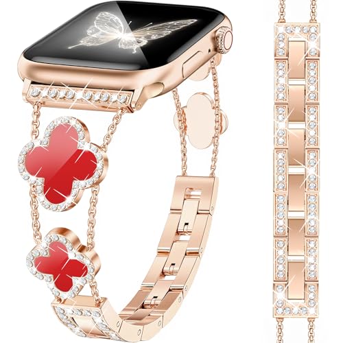 MOINSPIRE Rose Gold Bling Diamond Clover Bands Women Compatible with Apple Watch 42mm(S3/2/1) 44/45/46/49mm Lucky Sparkle Dressy Bracelet Metal Strap for iWatch Series 11/10/9/8/7/6/5/4/SE/Ultra 3/2/1 - Image 1
