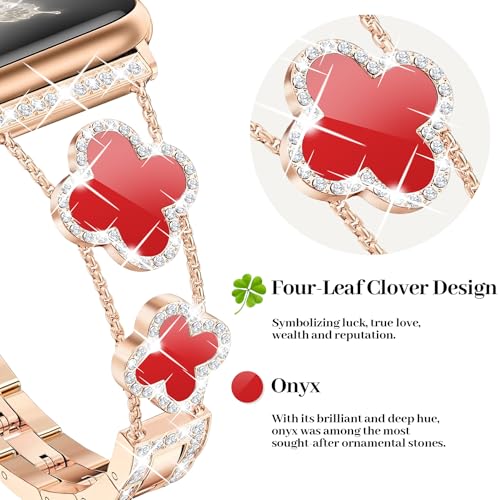 MOINSPIRE Rose Gold Bling Diamond Clover Bands Women Compatible with Apple Watch 42mm(S3/2/1) 44/45/46/49mm Lucky Sparkle Dressy Bracelet Metal Strap for iWatch Series 11/10/9/8/7/6/5/4/SE/Ultra 3/2/1 - Image 2