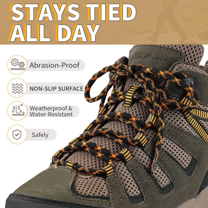 Stepace Wave Round Boot Shoelaces [2 Pairs] Non Sliping Heavy Duty Laces for Work Boots Hiking Boot Shoes (Black Orange, 55 IN) - Image 2