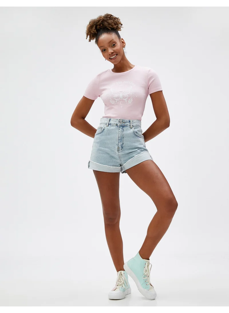 كوتون Crop T-Shirt Printed Crew Neck Short Sleeve