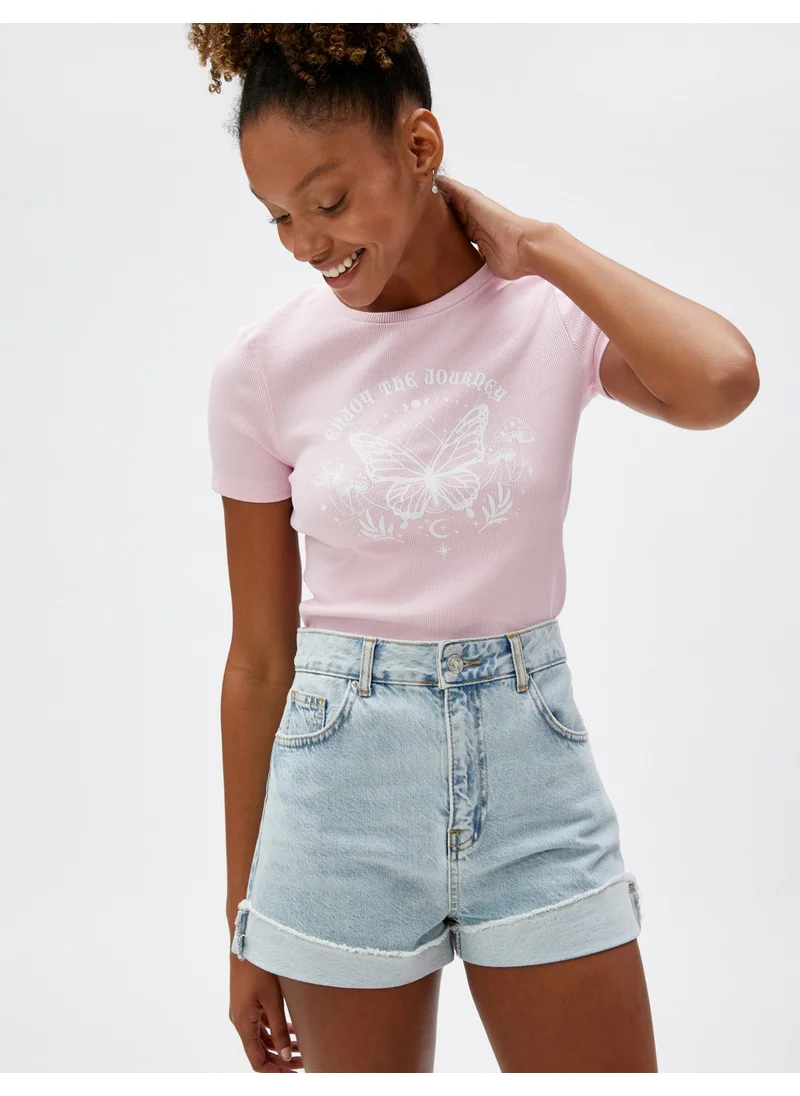 KOTON Crop T-Shirt Printed Crew Neck Short Sleeve