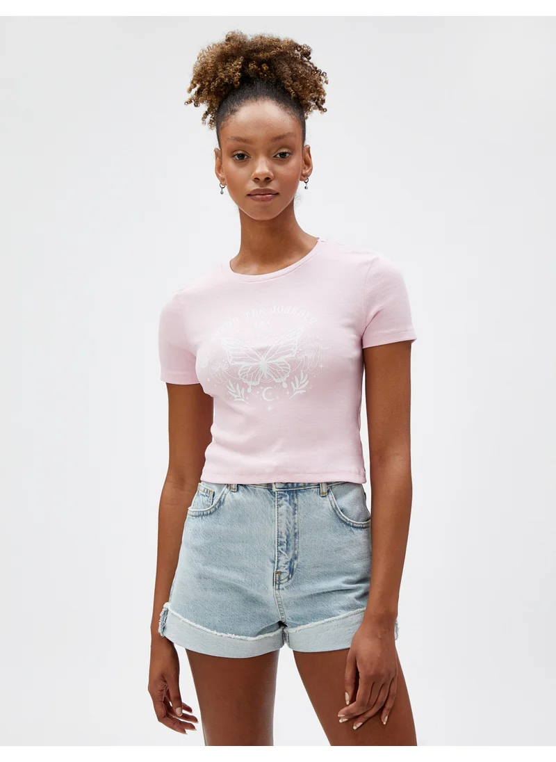 كوتون Crop T-Shirt Printed Crew Neck Short Sleeve