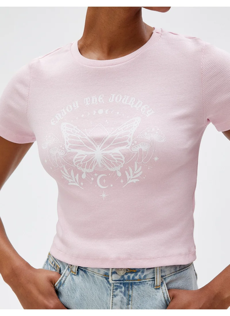 كوتون Crop T-Shirt Printed Crew Neck Short Sleeve