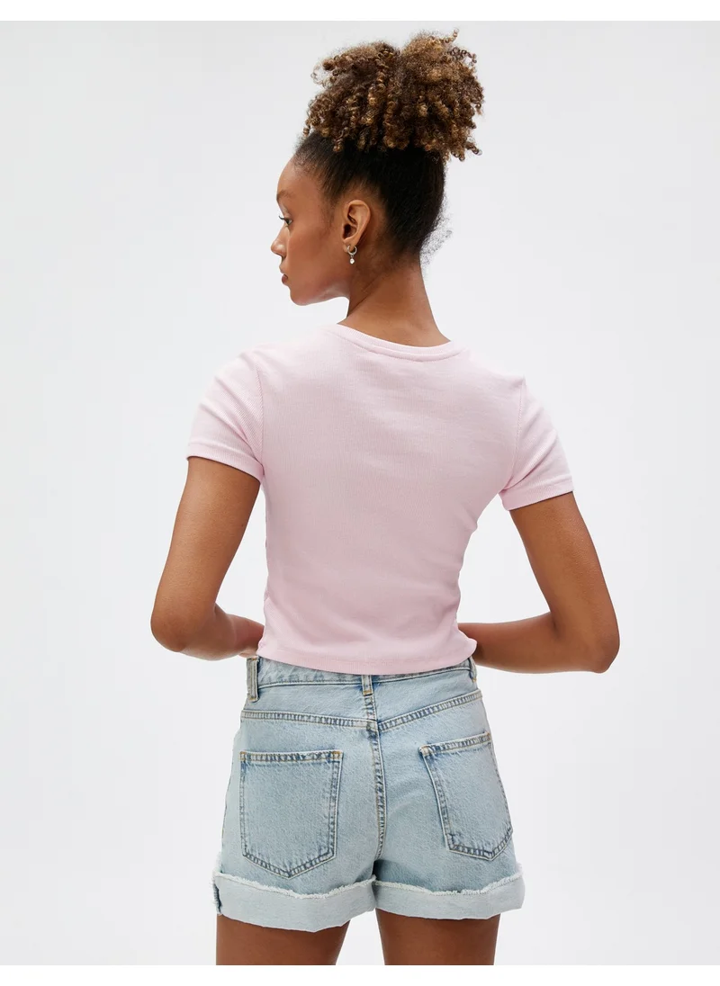 كوتون Crop T-Shirt Printed Crew Neck Short Sleeve