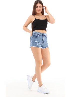 Cedy Denim Women's High Waist Frayed Leg Tassel Denim Shorts Mini Jean Berlin Blue C603  - Image 2