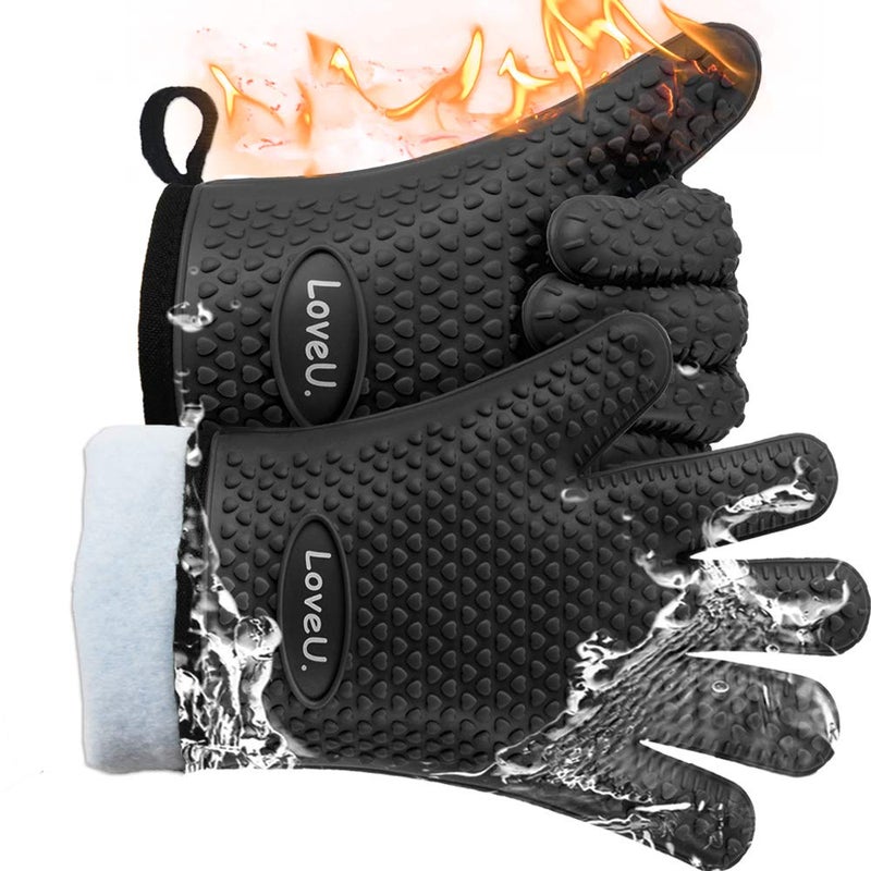 Loveuing Kitchen Oven Gloves - Silicone and Cotton Double-Layer Heat Resistant Oven Mitts/BBQ Gloves/Grill Gloves - Perfect for Baking and Grilling - 1 Pair (One Size Fits Most, Black) - Image 1