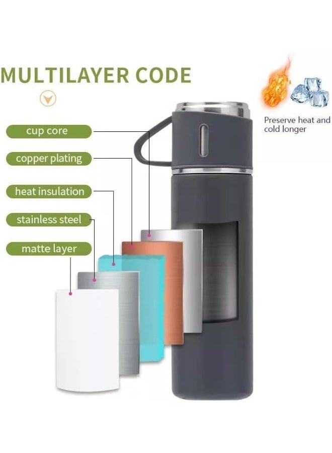 عبوة هدايا من الصلب قارورة حرارية مزدوجة الجدار الستانلس ستيل مزودة بيد السيليكون وغطاء معزول مع كوبين للمشروبات الساخنة والباردة متعدد الألوان - Image 3