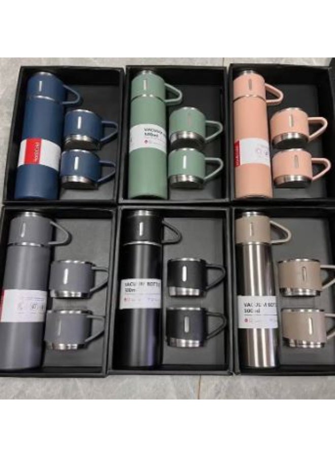 عبوة هدايا من الصلب قارورة حرارية مزدوجة الجدار الستانلس ستيل مزودة بيد السيليكون وغطاء معزول مع كوبين للمشروبات الساخنة والباردة متعدد الألوان - Image 2