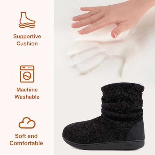 LongBay Women's Chenille Knit Bootie Slippers Cute Plush Fleece Memory Foam House Shoes (Medium / 7-8 B(M), Black) - Image 4