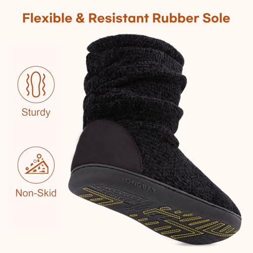 LongBay Women's Chenille Knit Bootie Slippers Cute Plush Fleece Memory Foam House Shoes (Medium / 7-8 B(M), Black) - Image 5