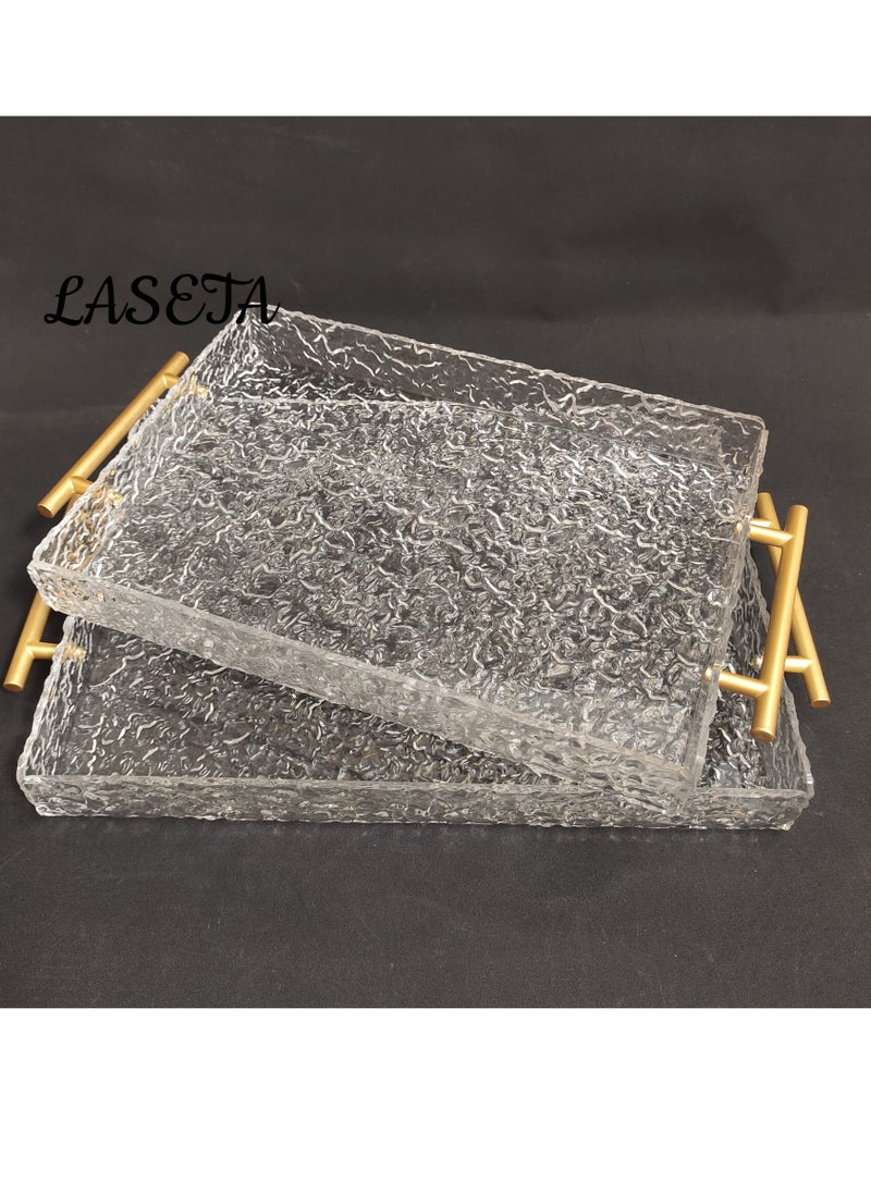 Laseta 2 PCS With Gold Polished Metal Handles wavy pattern Clear Acrylic Tray  , Decorative Serving Tray for Coffee Table, Tea, Storage  Rectangular  - Image 1