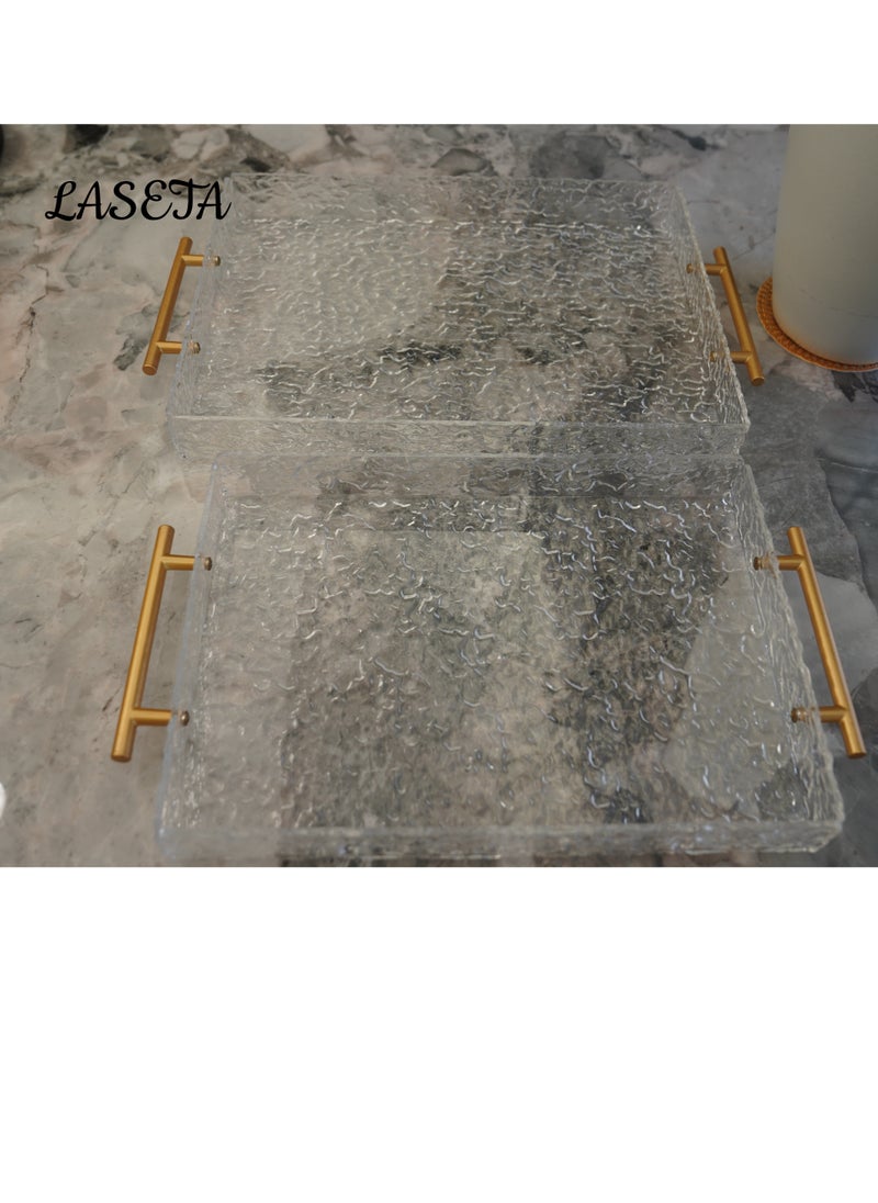Laseta 2 PCS With Gold Polished Metal Handles wavy pattern Clear Acrylic Tray  , Decorative Serving Tray for Coffee Table, Tea, Storage  Rectangular  - Image 2