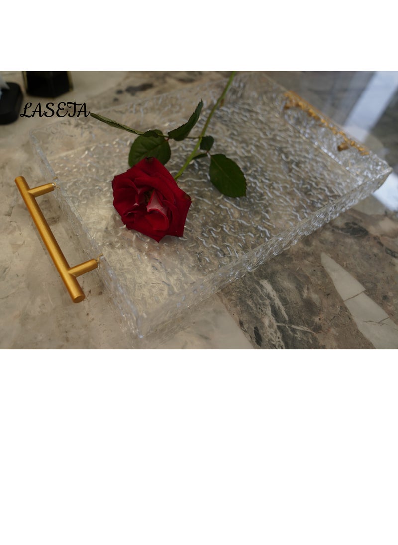 Laseta 2 PCS With Gold Polished Metal Handles wavy pattern Clear Acrylic Tray  , Decorative Serving Tray for Coffee Table, Tea, Storage  Rectangular  - Image 4