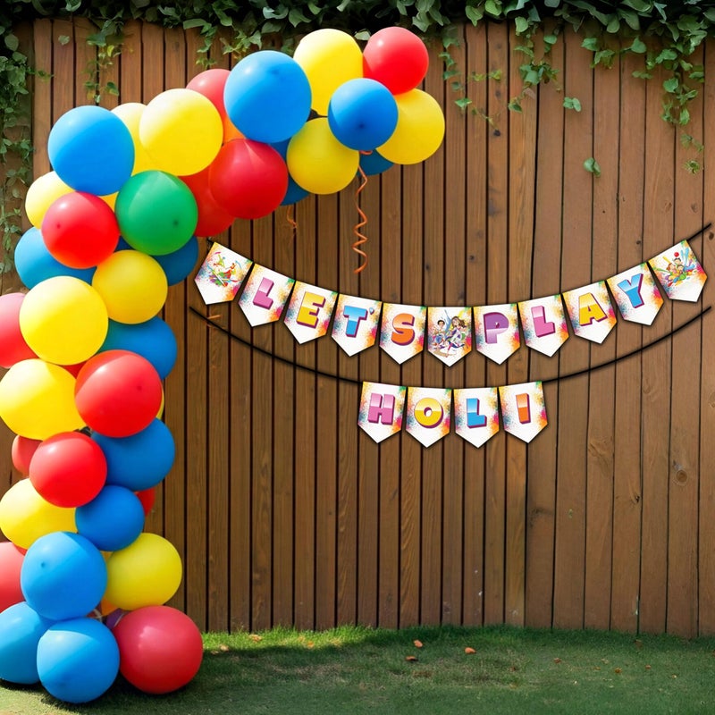 1iAM Happy Holi Decoration Combo Pack of 22 - 1pc "LET'S PLAY HOLI" Banner, 20pcs Balloons & 1pc Arch | 14th March Decoration Items for Home, Office, Club, School, Collages, Restaurant, Apartment - Image 1