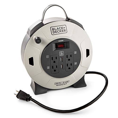 BLACK+DECKER 25 Ft. Retractable Extension Cord Reel with 4 Outlets, 2 USB Ports, Multi-Plug Extension, On/Off Switch & Heavy-Duty 16AWG SJT Cable - Image 1