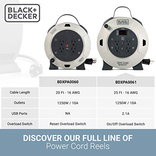 BLACK+DECKER 25 Ft. Retractable Extension Cord Reel with 4 Outlets, 2 USB Ports, Multi-Plug Extension, On/Off Switch & Heavy-Duty 16AWG SJT Cable - Image 2