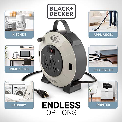 BLACK+DECKER 25 Ft. Retractable Extension Cord Reel with 4 Outlets, 2 USB Ports, Multi-Plug Extension, On/Off Switch & Heavy-Duty 16AWG SJT Cable - Image 4