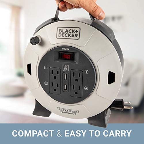 BLACK+DECKER 25 Ft. Retractable Extension Cord Reel with 4 Outlets, 2 USB Ports, Multi-Plug Extension, On/Off Switch & Heavy-Duty 16AWG SJT Cable - Image 5