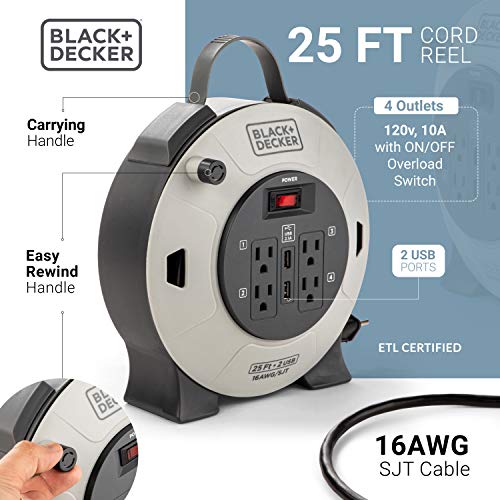 BLACK+DECKER 25 Ft. Retractable Extension Cord Reel with 4 Outlets, 2 USB Ports, Multi-Plug Extension, On/Off Switch & Heavy-Duty 16AWG SJT Cable - Image 3