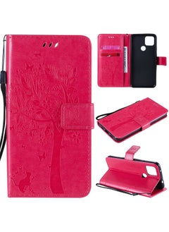HuHa Case Cover For For Google Pixel 4a 5G / Pixel 5 XL Tree & Cat Embossed Pattern Horizontal Flip Leather Case with Holder & Card Slots & Wallet & Lanyard(Rose Red) 
