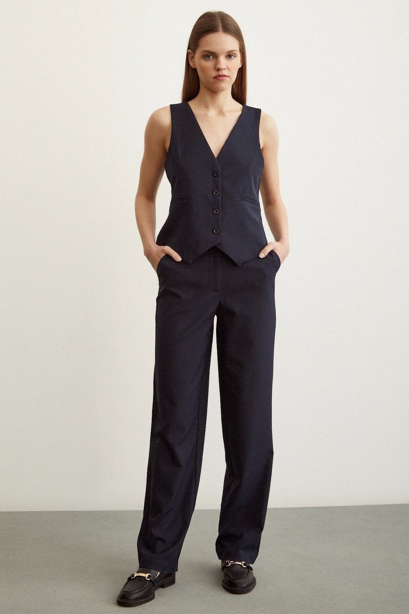 Never More Classic Straight Leg Trousers Navy Blue - Image 5