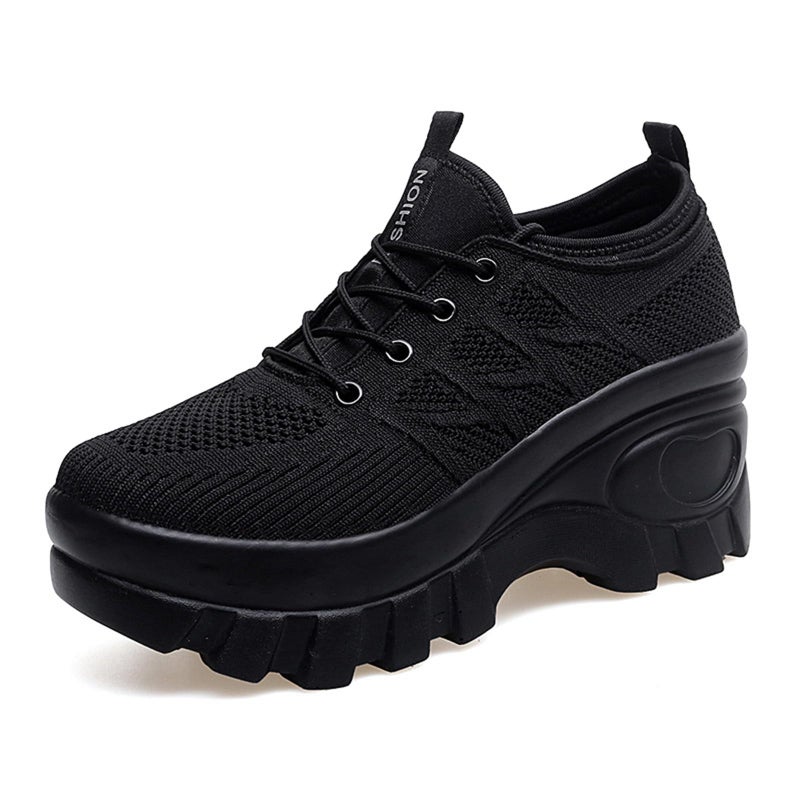 XBLDU Women's Chunky Platform Comfort Orthopedic Wedge Walking Shoes Fashion Knitted Breathable Lace Up Lug Sole Casual Non-Slip Running Shoes With Arch Support (black, Adult, Women, 10, Numeric, US Footwear Size System, Medium) - Image 1