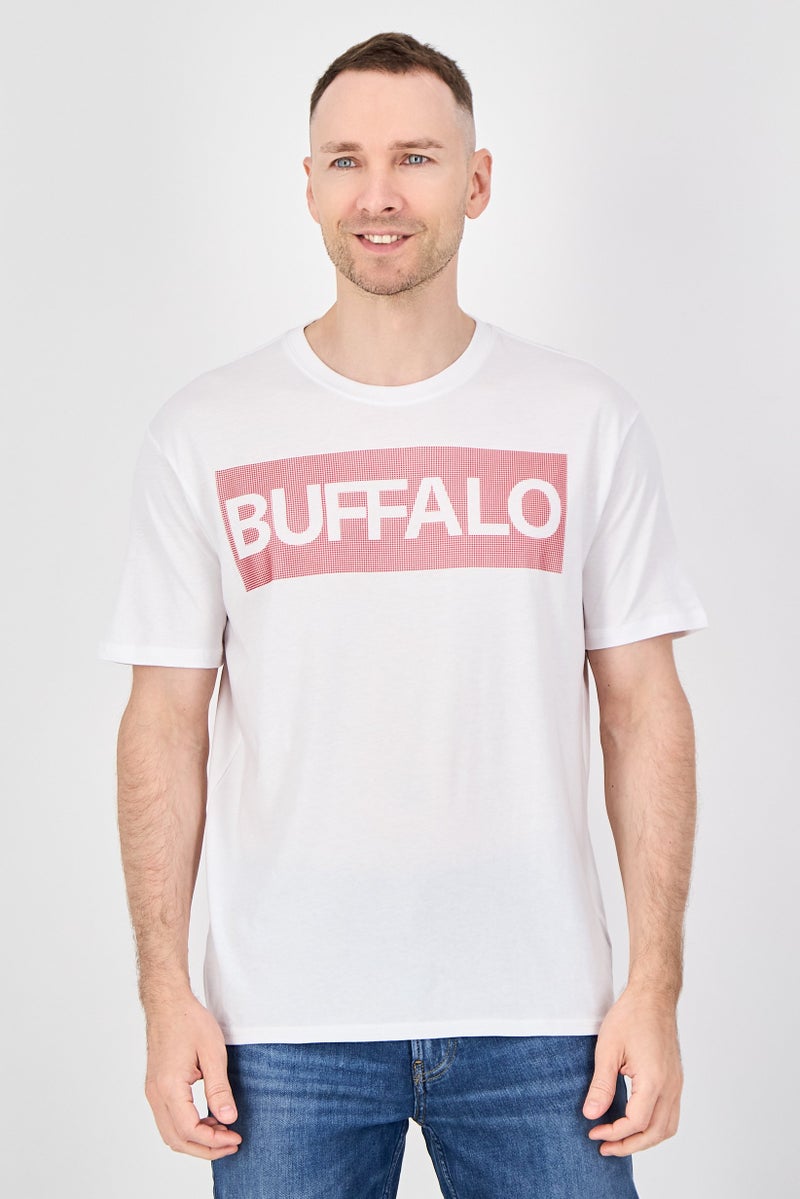 Buffalo Men Crew Neck Short Sleeve Brand Logo T-Shirt, White - Image 1
