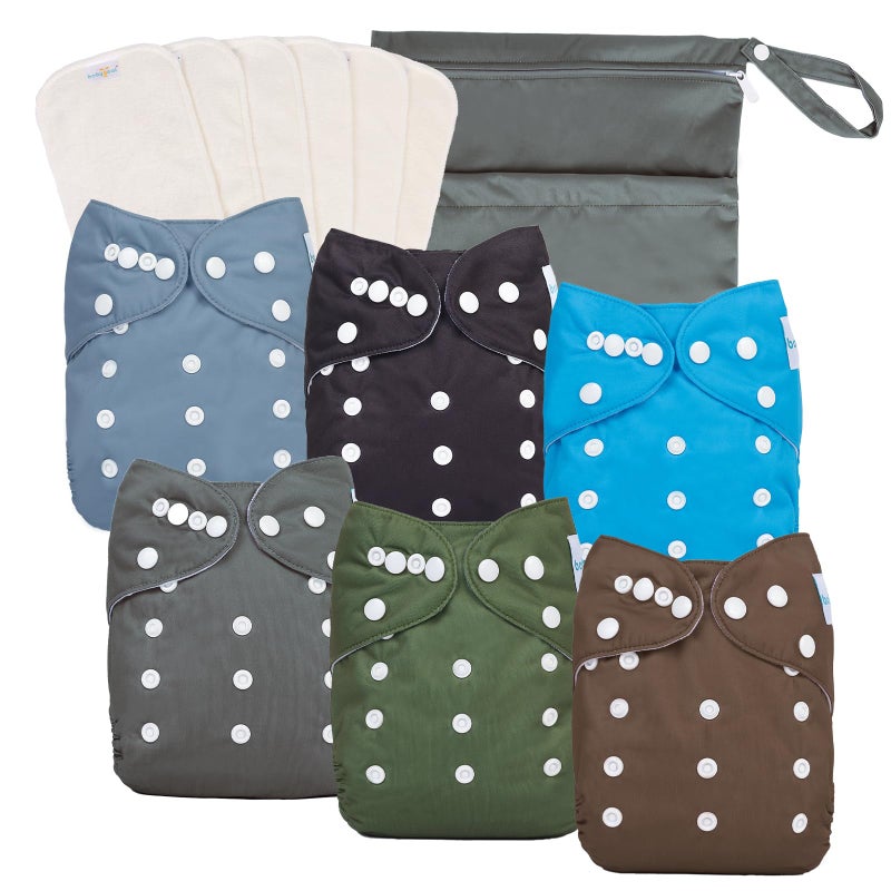 babygoal Baby Boy Cloth Diapers 6 Pack with 6pcs Inserts and Wet Bag, Reusable Waterproof Diaper Covers for Toddlers with Snap Closure - Image 1